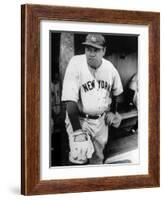 Babe Ruth in the New York Yankees Dugout at League Park in Clevelenad, Ohio, 1934-null-Framed Art Print