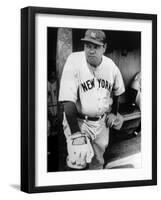 Babe Ruth in the New York Yankees Dugout at League Park in Clevelenad, Ohio, 1934-null-Framed Art Print