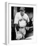 Babe Ruth in the New York Yankees Dugout at League Park in Clevelenad, Ohio, 1934-null-Framed Art Print