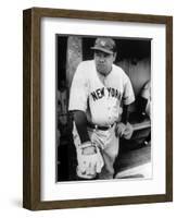 Babe Ruth in the New York Yankees Dugout at League Park in Clevelenad, Ohio, 1934-null-Framed Art Print