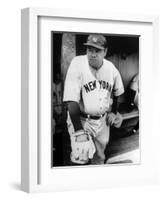 Babe Ruth in the New York Yankees Dugout at League Park in Clevelenad, Ohio, 1934-null-Framed Art Print