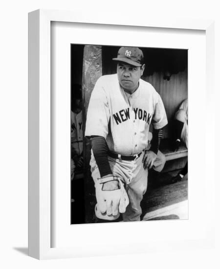 Babe Ruth in the New York Yankees Dugout at League Park in Clevelenad, Ohio, 1934-null-Framed Art Print