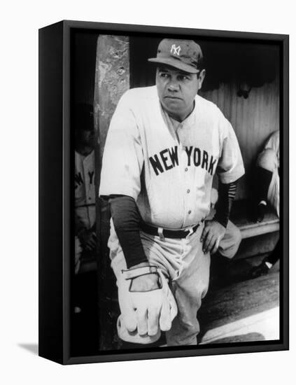 Babe Ruth in the New York Yankees Dugout at League Park in Clevelenad, Ohio, 1934-null-Framed Stretched Canvas