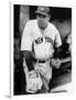 Babe Ruth in the New York Yankees Dugout at League Park in Clevelenad, Ohio, 1934-null-Framed Art Print