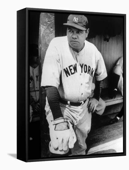 Babe Ruth in the New York Yankees Dugout at League Park in Clevelenad, Ohio, 1934-null-Framed Stretched Canvas