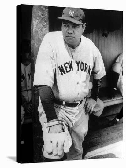Babe Ruth in the New York Yankees Dugout at League Park in Clevelenad, Ohio, 1934-null-Stretched Canvas