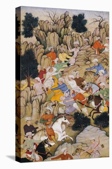 Babur Chasing the Hazaras Through the Ravine, Mughal India, circa 1595-null-Stretched Canvas
