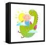 Baby and Dragon Cloud Sun Flying Happy Friends. Baby and Dragon Friendship. Animal Funny Monster, Y-Popmarleo-Framed Stretched Canvas