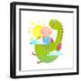 Baby and Dragon Cloud Sun Flying Happy Friends. Baby and Dragon Friendship. Animal Funny Monster, Y-Popmarleo-Framed Art Print