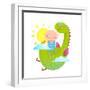 Baby and Dragon Cloud Sun Flying Happy Friends. Baby and Dragon Friendship. Animal Funny Monster, Y-Popmarleo-Framed Art Print