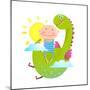 Baby and Dragon Cloud Sun Flying Happy Friends. Baby and Dragon Friendship. Animal Funny Monster, Y-Popmarleo-Mounted Art Print