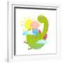 Baby and Dragon Cloud Sun Flying Happy Friends. Baby and Dragon Friendship. Animal Funny Monster, Y-Popmarleo-Framed Art Print