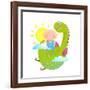 Baby and Dragon Cloud Sun Flying Happy Friends. Baby and Dragon Friendship. Animal Funny Monster, Y-Popmarleo-Framed Art Print