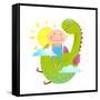 Baby and Dragon Cloud Sun Flying Happy Friends. Baby and Dragon Friendship. Animal Funny Monster, Y-Popmarleo-Framed Stretched Canvas