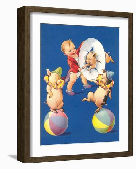 Baby and Pig Circus-null-Framed Art Print