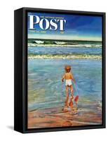 "Baby at the Beach," Saturday Evening Post Cover, July 23, 1949-Austin Briggs-Framed Stretched Canvas