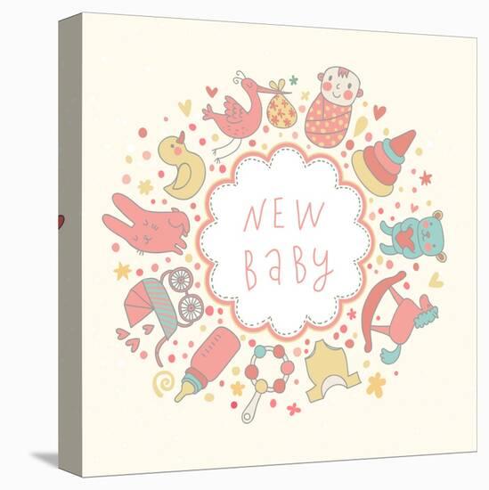 Baby Background in Vector. Cartoon Childish Card with Bear, Bottle, Creepers, Duck, Baby, Horse, Py-smilewithjul-Stretched Canvas