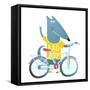 Baby Boy Wolf or Dog Character Greeting with Bicycle Cute Sport Cartoon for Kids. Wolf Dog Cub Cute-Popmarleo-Framed Stretched Canvas