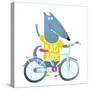 Baby Boy Wolf or Dog Character Greeting with Bicycle Cute Sport Cartoon for Kids. Wolf Dog Cub Cute-Popmarleo-Stretched Canvas