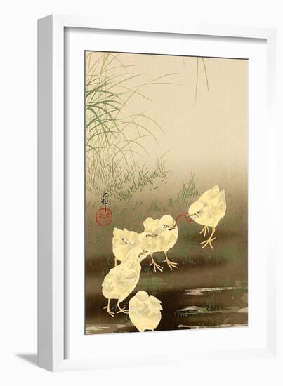 Baby Chicken and Worm!!!!-Koson Ohara-Framed Giclee Print