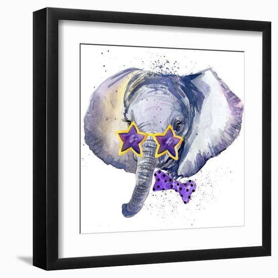 Baby Elephant T-Shirt Graphics. Baby Elephant Illustration with Splash Watercolor Textured Backgrou-Dabrynina Alena-Framed Art Print