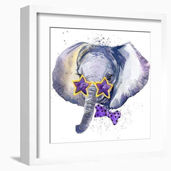 Baby Elephant T-Shirt Graphics. Baby Elephant Illustration with Splash Watercolor Textured Backgrou-Dabrynina Alena-Framed Art Print