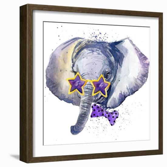 Baby Elephant T-Shirt Graphics. Baby Elephant Illustration with Splash Watercolor Textured Backgrou-Dabrynina Alena-Framed Art Print