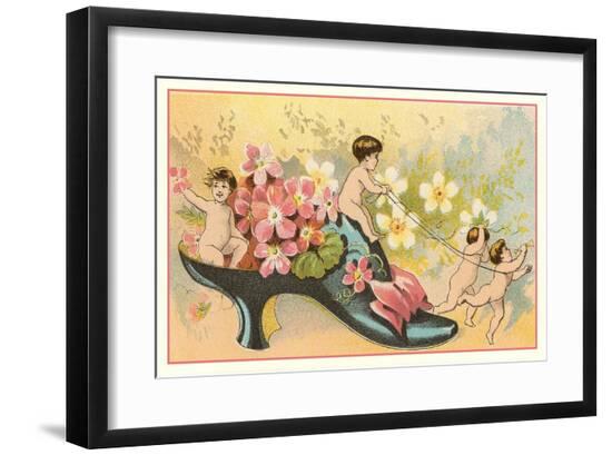 Baby Fairies in Shoe with Flowers--Framed Art Print
