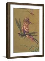 Baby Fairy Riding Dragonfly-null-Framed Art Print