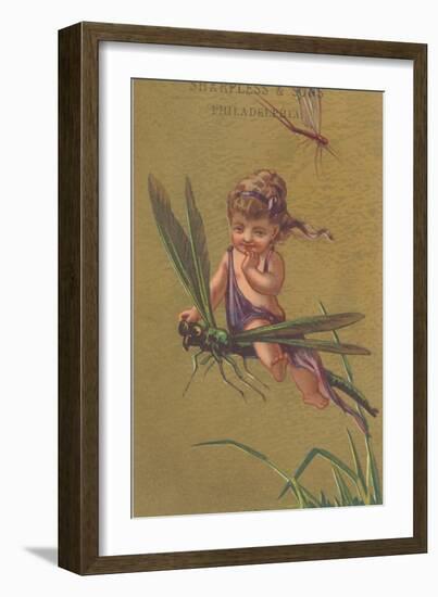 Baby Fairy Riding Dragonfly-null-Framed Art Print