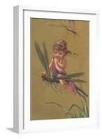 Baby Fairy Riding Dragonfly-null-Framed Art Print