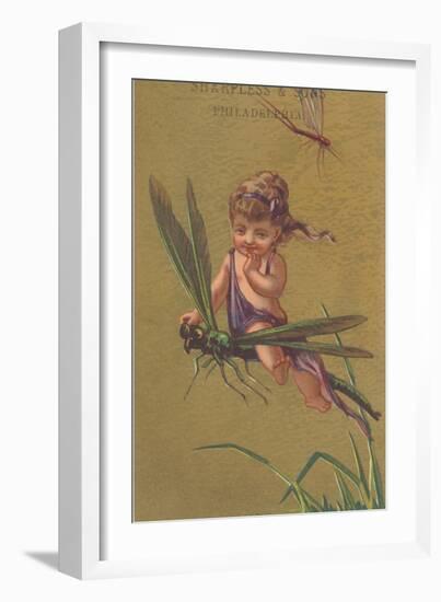 Baby Fairy Riding Dragonfly-null-Framed Art Print