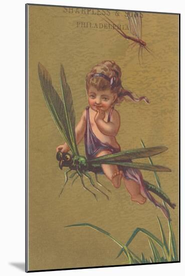 Baby Fairy Riding Dragonfly-null-Mounted Art Print