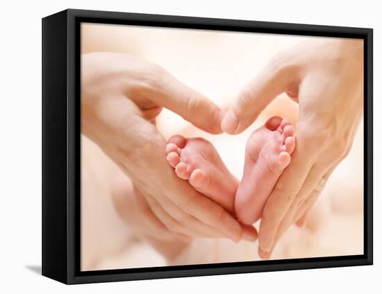 Baby Feet in Mother Hands. Tiny Newborn Baby's Feet on Female Heart Shaped Hands Closeup. Mom and H-Subbotina Anna-Framed Stretched Canvas