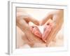 Baby Feet in Mother Hands. Tiny Newborn Baby's Feet on Female Heart Shaped Hands Closeup. Mom and H-Subbotina Anna-Framed Photographic Print