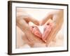 Baby Feet in Mother Hands. Tiny Newborn Baby's Feet on Female Heart Shaped Hands Closeup. Mom and H-Subbotina Anna-Framed Photographic Print