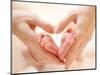 Baby Feet in Mother Hands. Tiny Newborn Baby's Feet on Female Heart Shaped Hands Closeup. Mom and H-Subbotina Anna-Mounted Photographic Print