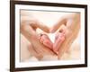 Baby Feet in Mother Hands. Tiny Newborn Baby's Feet on Female Heart Shaped Hands Closeup. Mom and H-Subbotina Anna-Framed Photographic Print