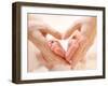 Baby Feet in Mother Hands. Tiny Newborn Baby's Feet on Female Heart Shaped Hands Closeup. Mom and H-Subbotina Anna-Framed Photographic Print