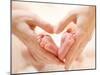 Baby Feet in Mother Hands. Tiny Newborn Baby's Feet on Female Heart Shaped Hands Closeup. Mom and H-Subbotina Anna-Mounted Photographic Print