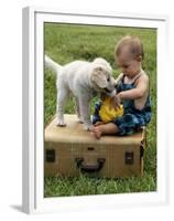 Baby Girl Playing with Puppy-Chris Lowe-Framed Premium Photographic Print