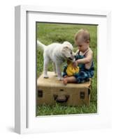 Baby Girl Playing with Puppy-Chris Lowe-Framed Photographic Print