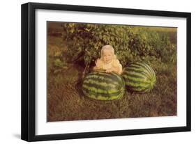 Baby Girl with Two Watermelons-null-Framed Art Print