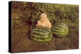 Baby Girl with Two Watermelons-null-Stretched Canvas