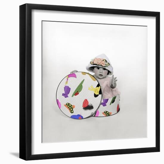 Baby in Hat Box Wearing the Hat from the Box-Nora Hernandez-Framed Giclee Print