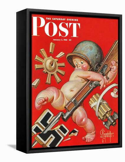 "Baby New Year at War," Saturday Evening Post Cover, January 2, 1943-Joseph Christian Leyendecker-Framed Stretched Canvas