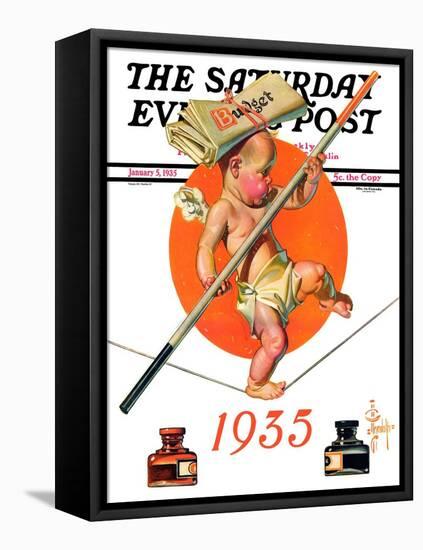 "Baby New Year Balances the Budget," Saturday Evening Post Cover, January 5, 1935-Joseph Christian Leyendecker-Framed Stretched Canvas