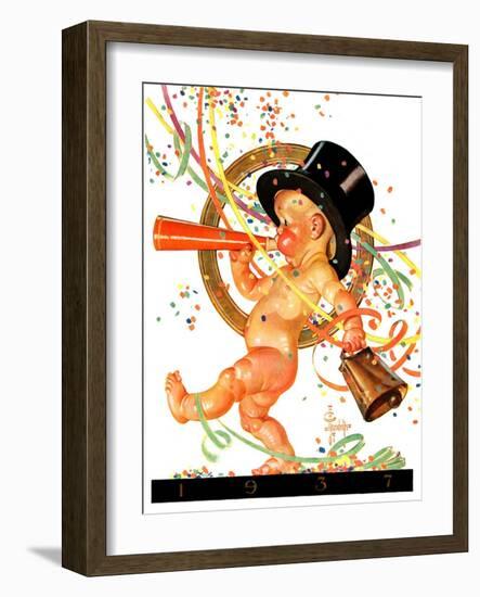 "Baby New Year Celebrates,"January 2, 1937-Joseph Christian Leyendecker-Framed Giclee Print