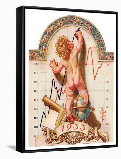"Baby New Year Charting 1933,"December 31, 1932-Joseph Christian Leyendecker-Framed Stretched Canvas