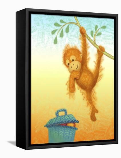 Baby Orangutan and Basket of Fruit-April Hartmann-Framed Stretched Canvas